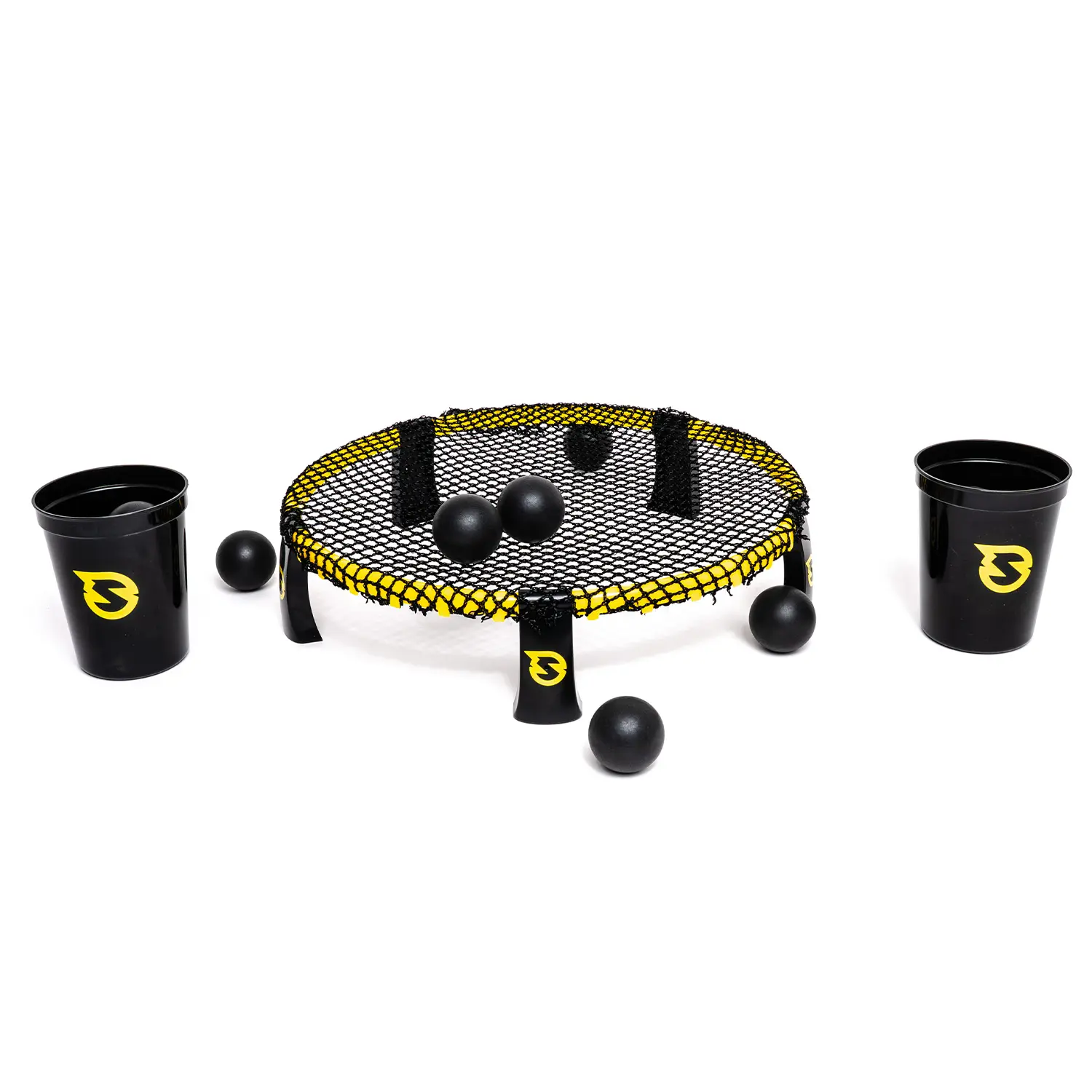 Spikeball Spielset mit schwarzem Netz und gelber Umrandung, mehreren schwarzen Bällen und zwei Bechern mit gelbem Logo – Outdoor‑Teamspiel für Strand, Park und Freizeit