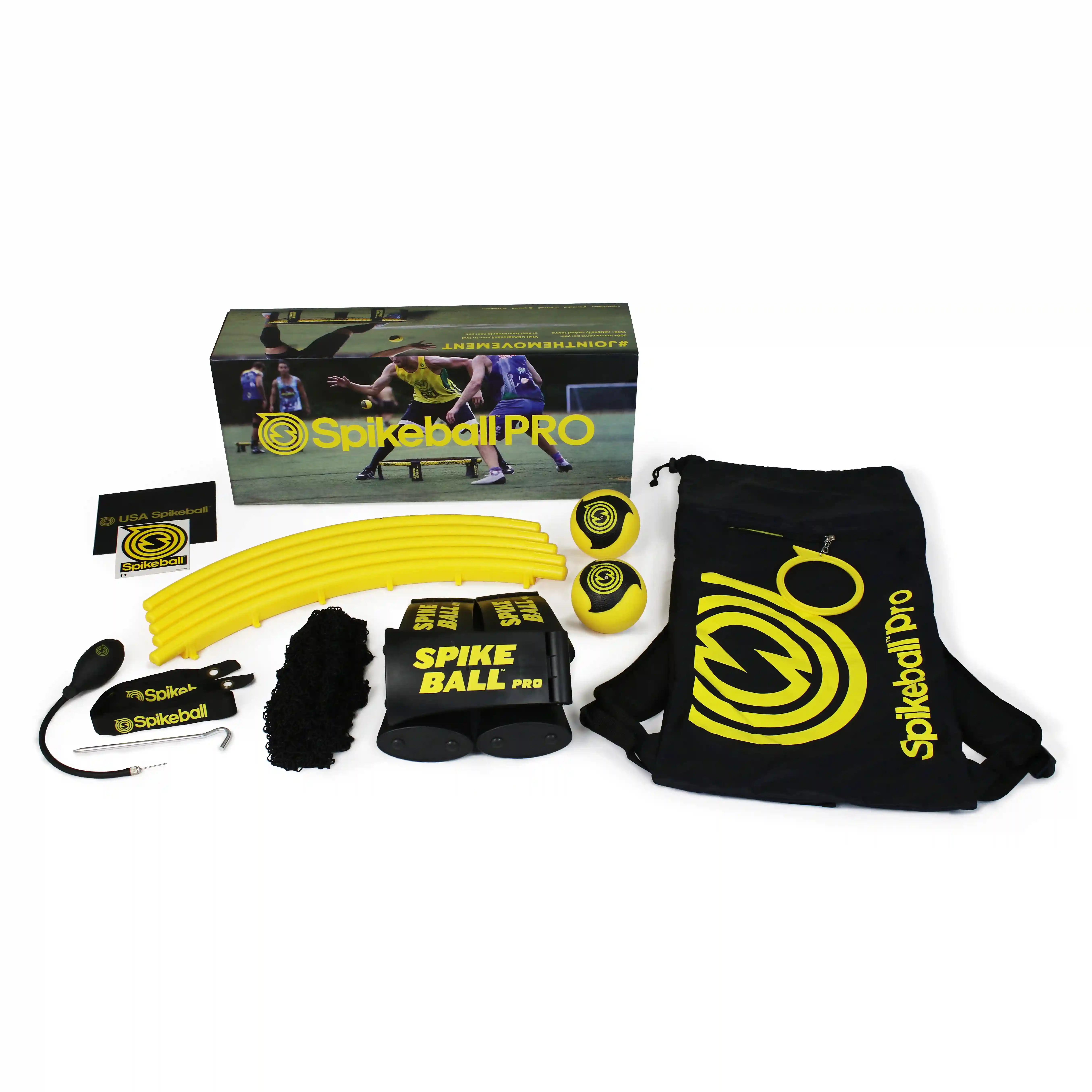 Spikeball‑Pro‑Set mit Verpackung, Bällen, Netz, Rahmen, Pumpe und Tragetasche