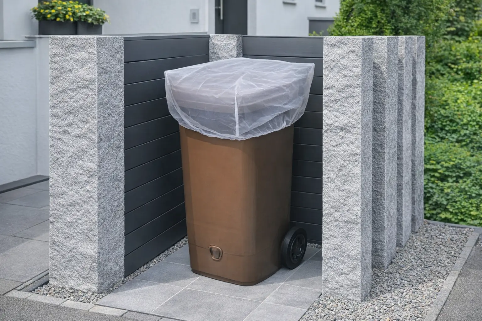 Braune Biotonne mit transparentem Polyester‑Abdecknetz, ordentlich platziert in einem modernen Stein‑Abstellplatz mit grauen Granitblöcken und dunklen Metallpaneelen. Der Bereich ist sauber gepflastert und wirkt hochwertig und gepflegt.