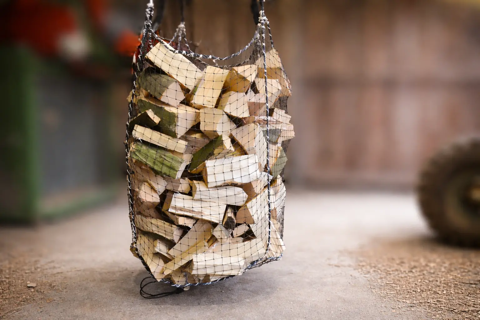 Netzsack mit gespaltenem Brennholz hängt über einem Sandboden in einer Werkstatt; Holzlagerung und Feuerholztransport im Fokus, unten ist eine Schnur zum Öffnen des Netzsacks sichtbar.
