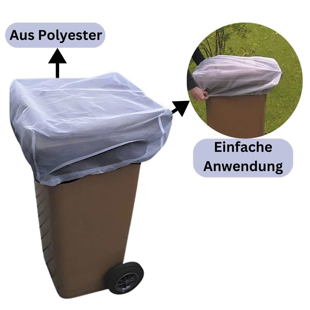 Braune 120‑Liter‑Biotonne mit aufgesetztem weißem Polyester‑Abdecknetz; daneben ein rundes Detailbild, das zeigt, wie das Netz leicht über die Tonne gezogen wird. Textlabels weisen auf das Material „Aus Polyester“ und die „Einfache Anwendung“ hin.