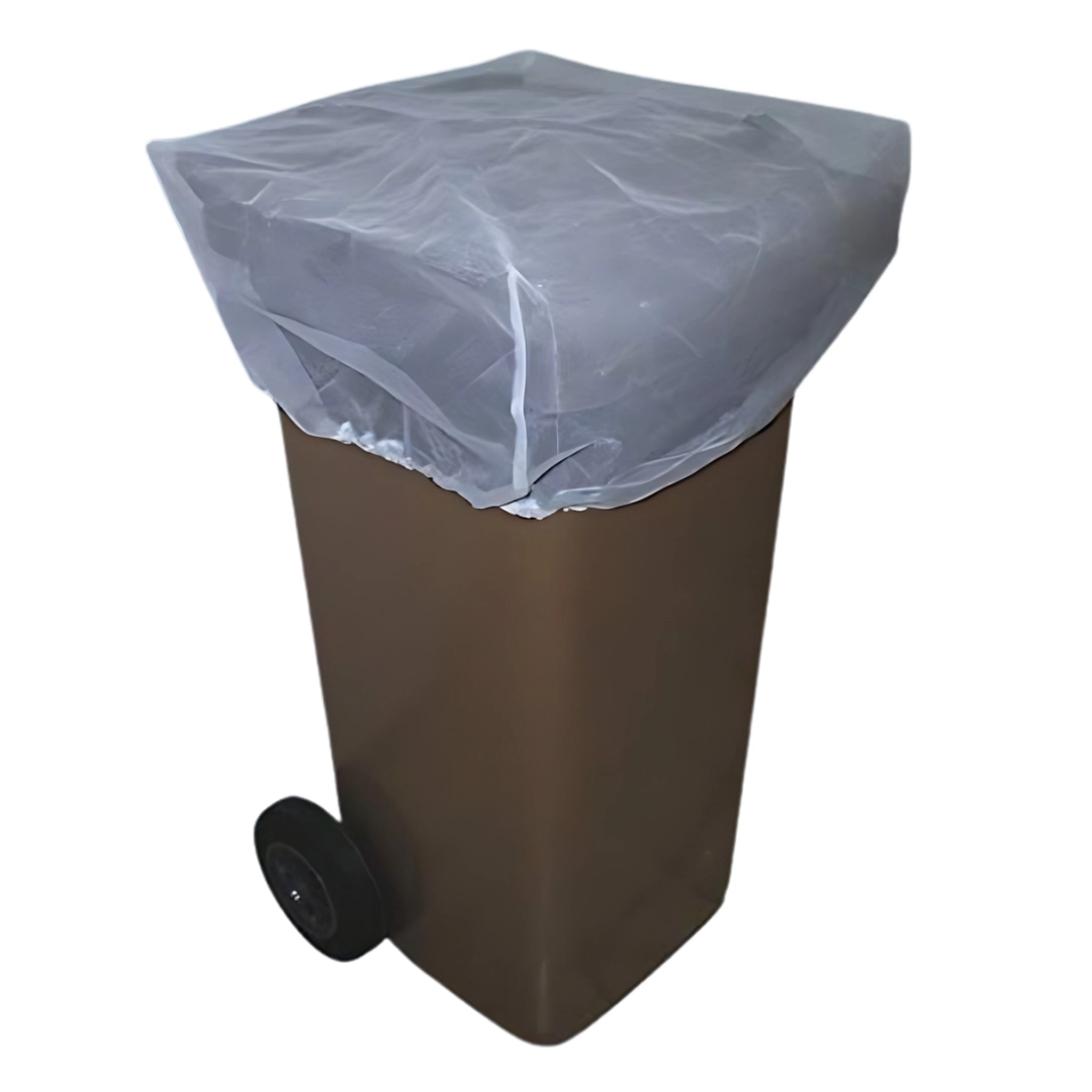 Braune 120 Liter Biotonne, oben mit einem transparenten Abdecknetz aus Polyester gesichert, das über den Rand gespannt ist und die Tonne vor Insekten schützt.