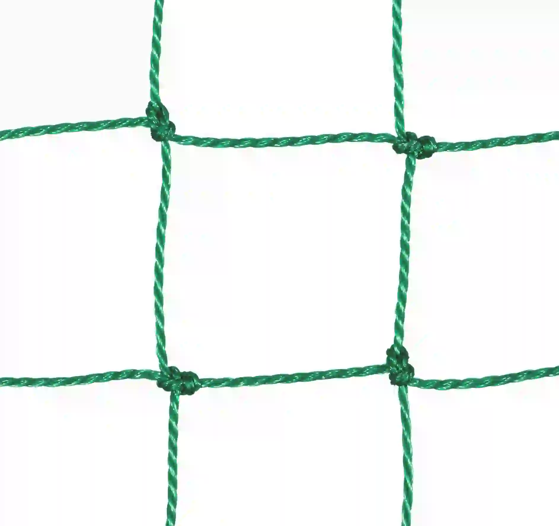 Nahaufnahme eines grünen, geknoteten Netzes mit quadratischen Maschen