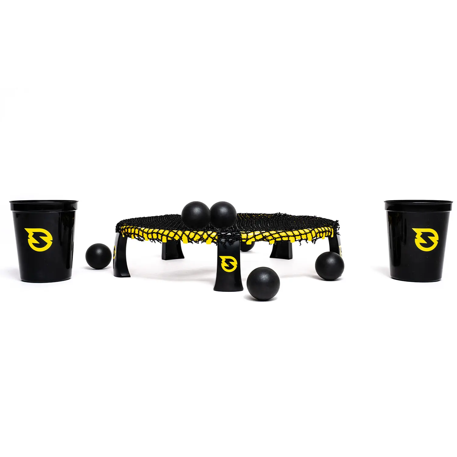 Spikeball Spielset mit schwarzem Netz und gelber Umrandung, inklusive Bällen und Bechern mit Logo – Outdoor‑Teamspiel für Strand, Park und Freizeit