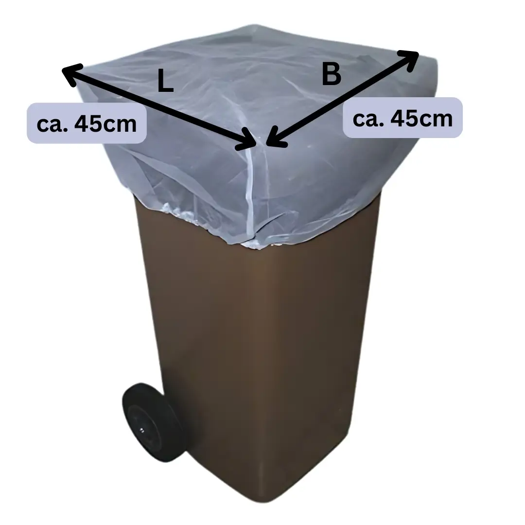 Obenansicht einer braunen 120‑Liter‑Biotonne mit transparentem Abdecknetz; zwei schwarze Pfeile markieren Länge und Breite der Öffnung, jeweils mit der Beschriftung „ca. 45 cm“.
