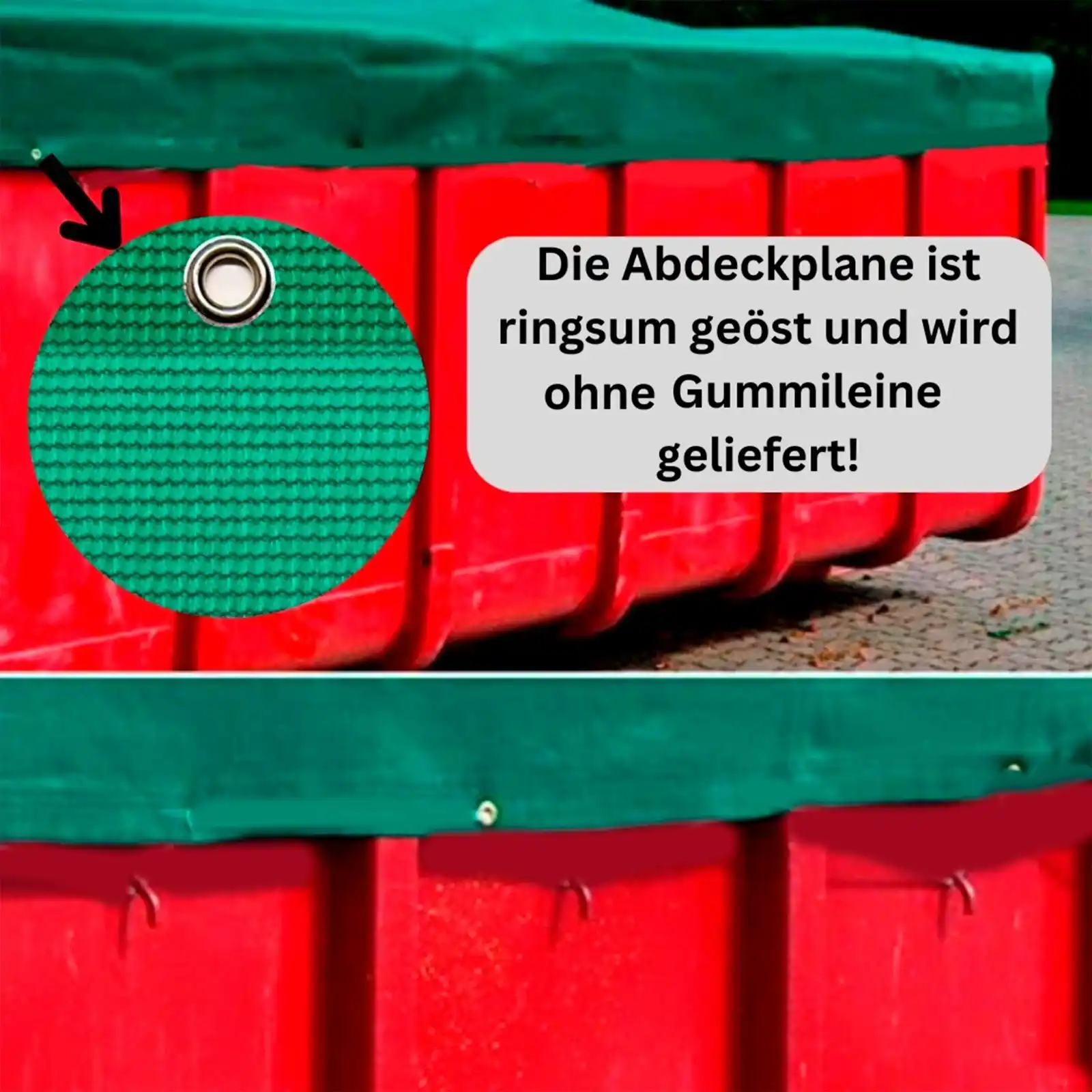 Roter Container, der mit einer grünen Abdeckplane gesichert ist. Eine Detailaufnahme zeigt das grüne Gewebe mit einer Metallöse