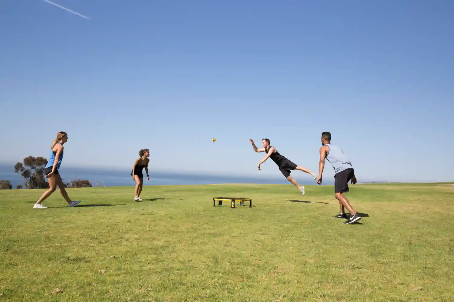 Vier Personen spielen Spikeball auf einer Wiese mit Meerblick, Spieler springt nach dem Ball