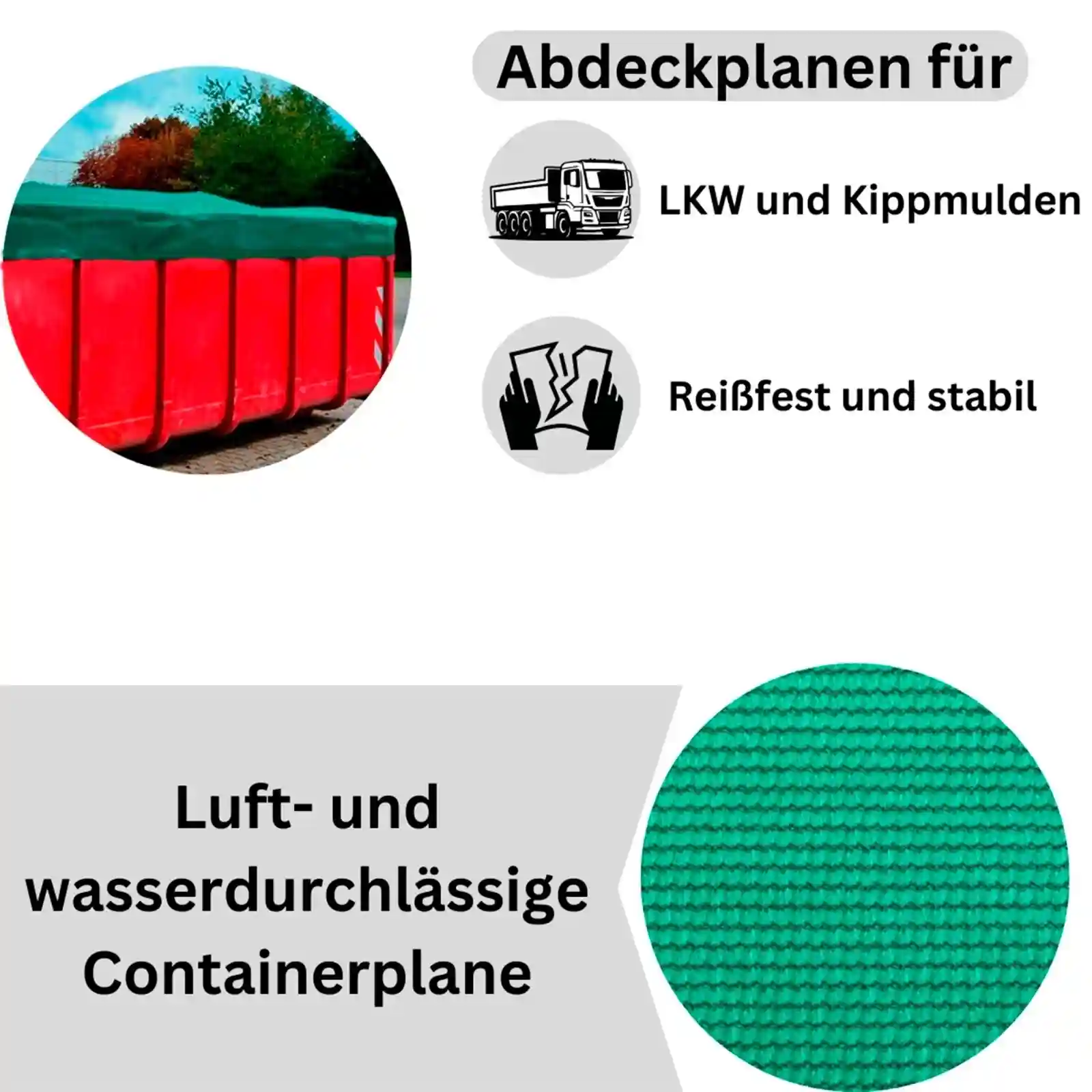 Werbegrafik mit einem roten Container, der mit einer grünen Abdeckplane versehen ist.  Daneben sind Symbole und kurze Hinweise zu Eigenschaften der Plane sowie eine Detailaufnahme des grünen Gewebes zu sehen