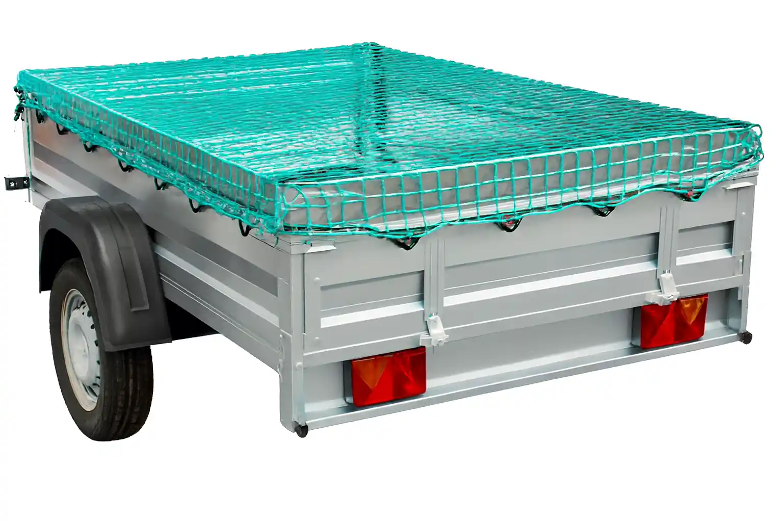 Einachs-Anhänger mit grünem, knotenlosem Sicherungsnetz für sicheren Materialtransport