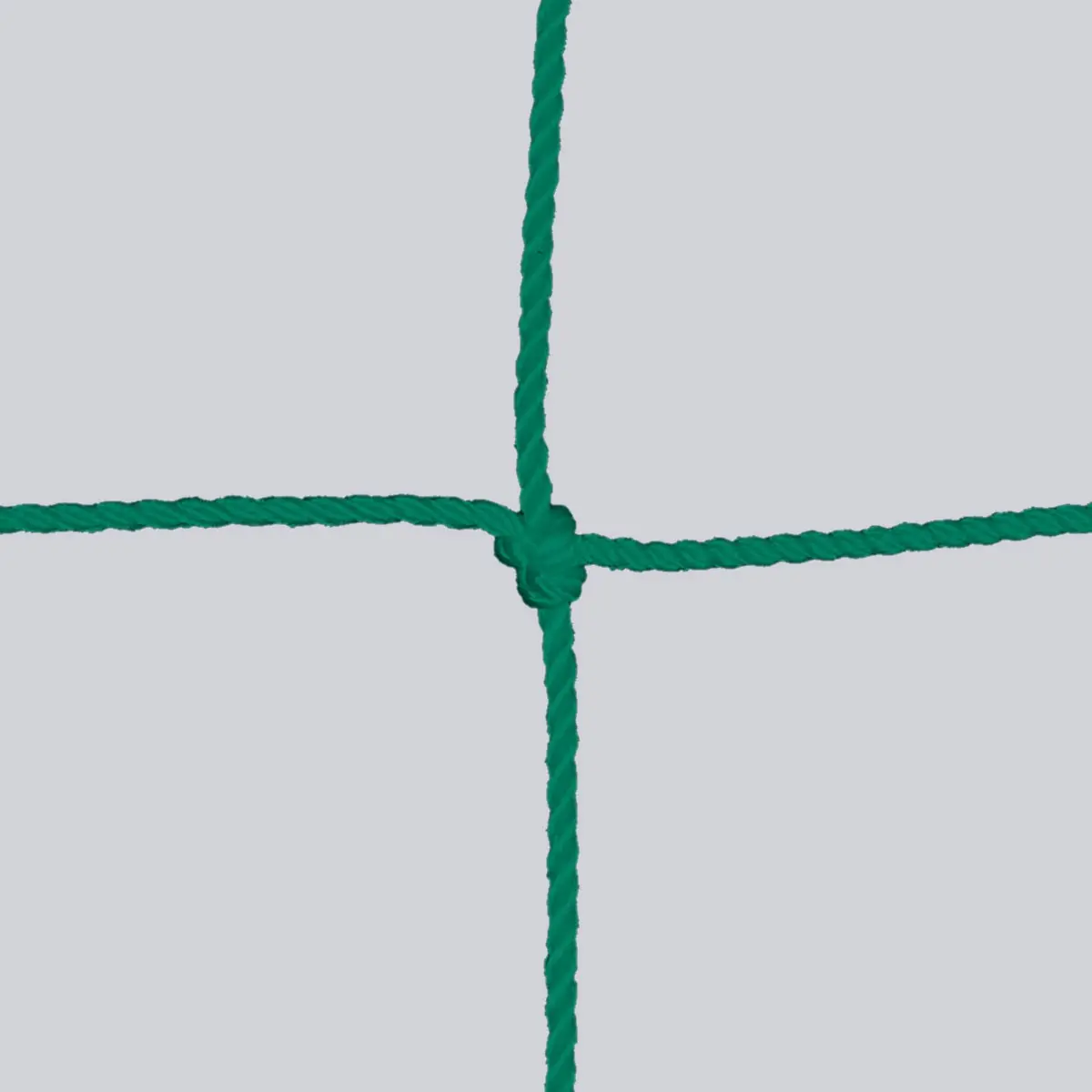 Nahaufnahme eines grünen, geknoteten Nylonnetzes mit deutlich sichtbarem Knotenpunkt