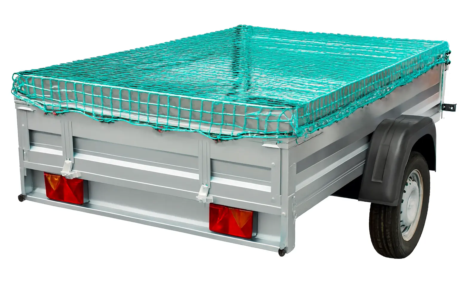 Einachs-Anhänger mit gruenem, knotenlosem Sicherungsnetz für sicheren Materialtransport