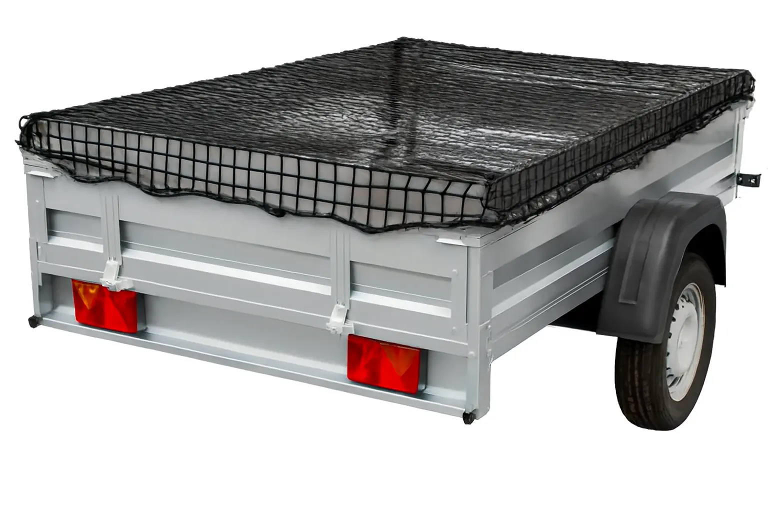 Schwarzes, knotenloses Abdecknetz aus Polypropylen auf einem PKW-Anhänger gespannt