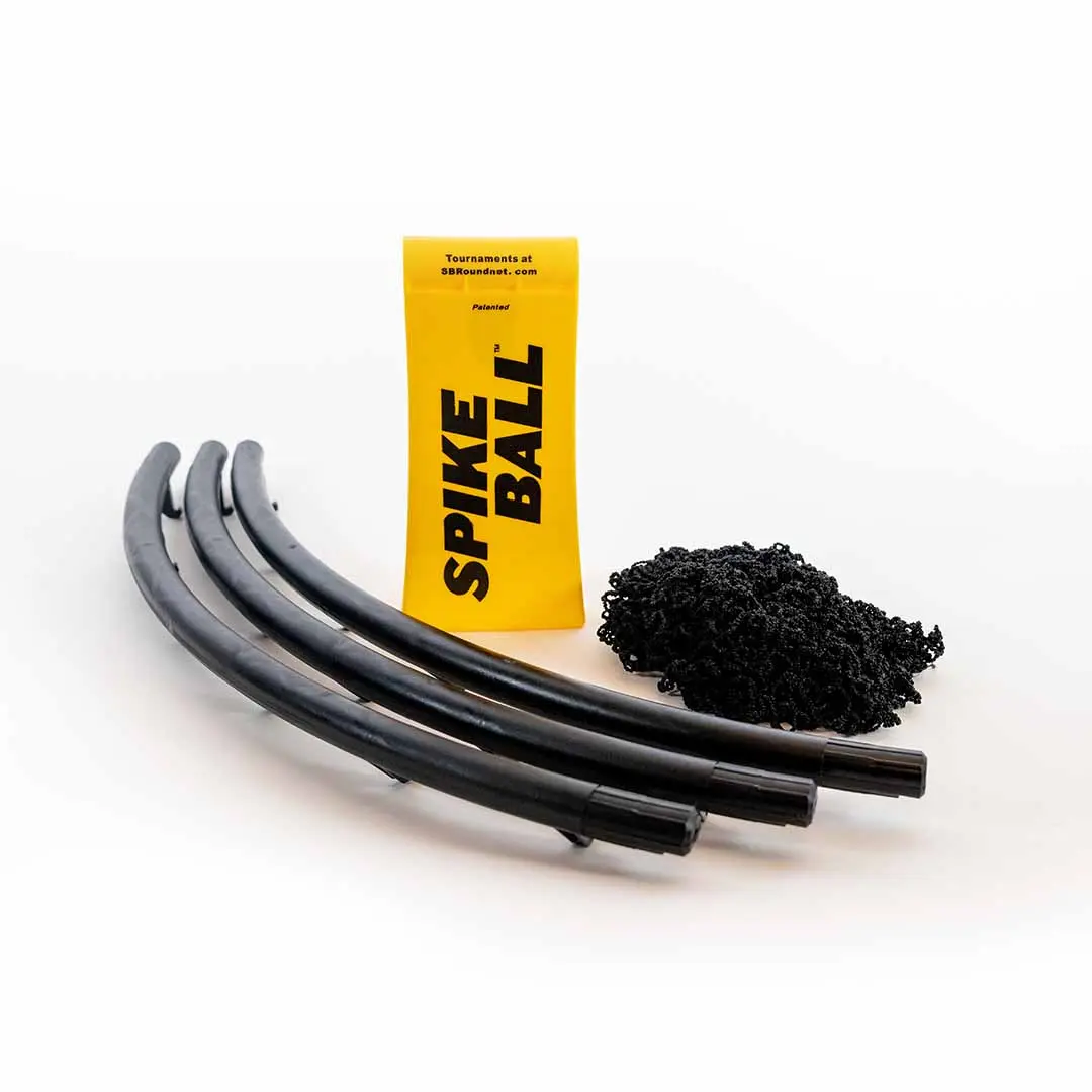 Spikeball Ersatzteile – schwarze Rahmenstücke, Netz und gelber Spikeball‑Beutel für Outdoor‑Spiel