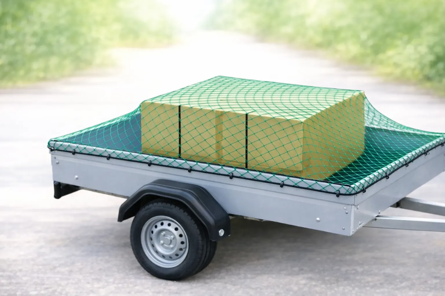 Kleiner einachsiger Anhänger mit großem Karton, der mit einem grünen Ladungssicherungsnetz fixiert ist.
