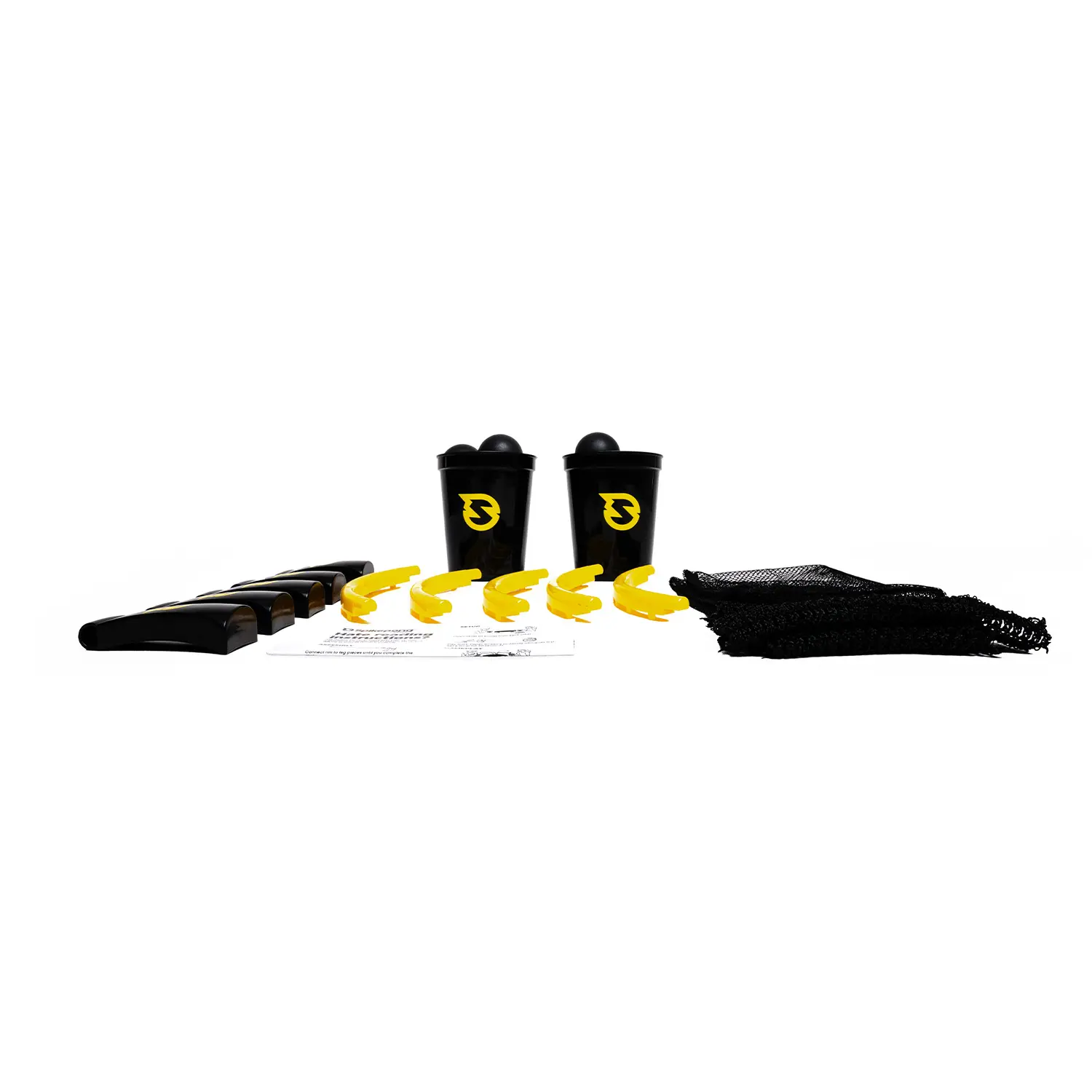 Spikepong Spielset von Spikeball mit zwei schwarzen Bechern, sechs schwarzen Bällen, gelben Rahmenstücken, schwarzen Standfüßen, Netz, Tasche und Anleitung – vollständiges Outdoor‑Teamspiel für Freizeit und Sport