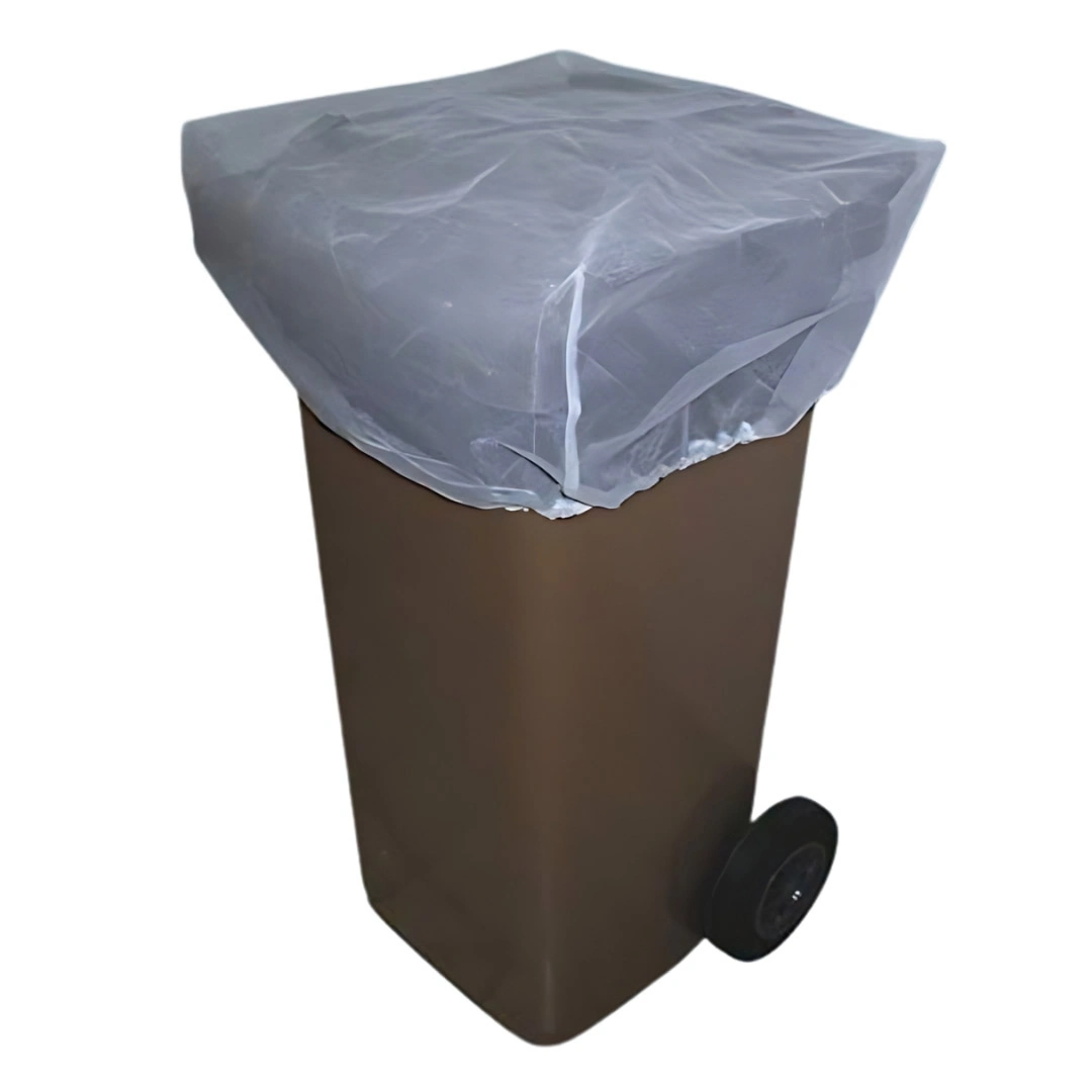 Braune 240 Liter Biotonne, oben mit einem transparenten Abdecknetz aus Polyester gesichert, das über den Rand gespannt ist und die Tonne vor Insekten schützt.