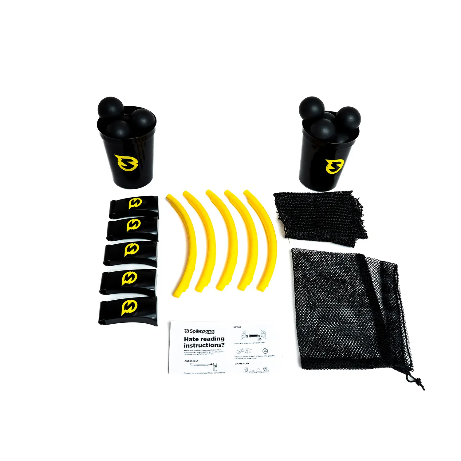 Spikepong Spielset von Spikeball mit zwei schwarzen Bechern, sechs schwarzen Bällen, gelben Rahmenstücken, schwarzen Standfüßen, Netz, Tasche und Anleitung – vollständiges Outdoor‑Teamspiel für Freizeit und Sport