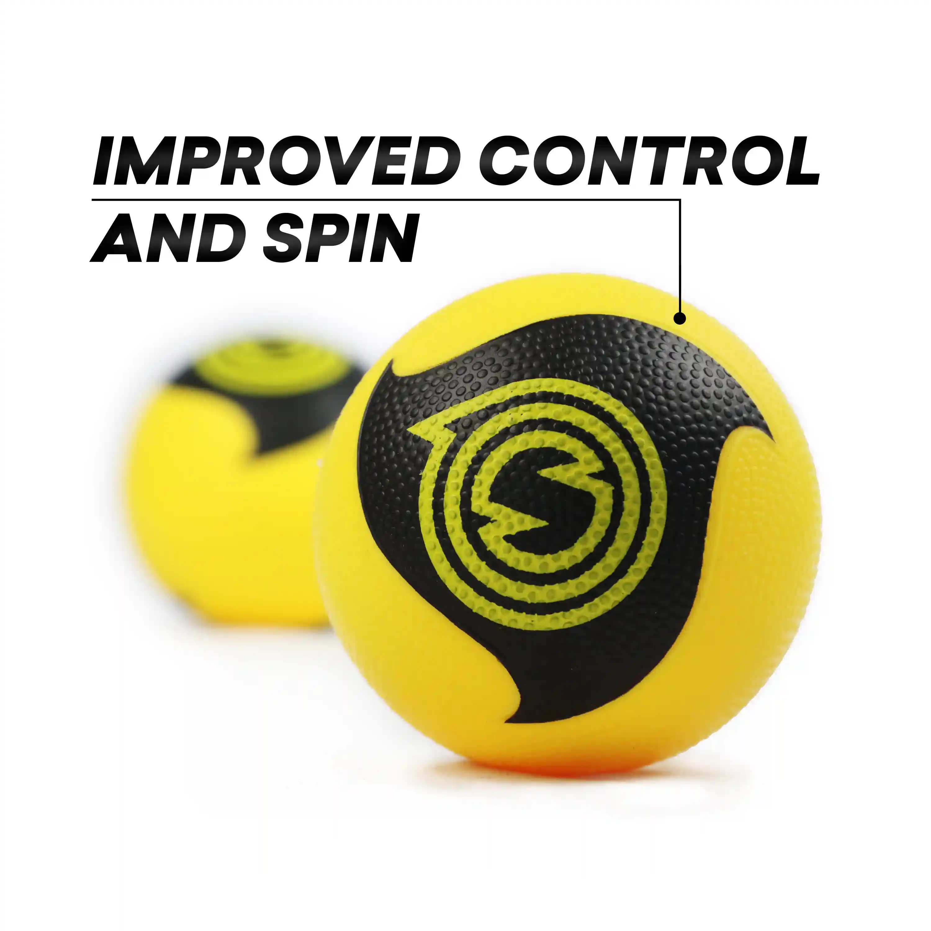Gelber Ball mit schwarzem Spiral-Logo und Text „Improved Control and Spin“