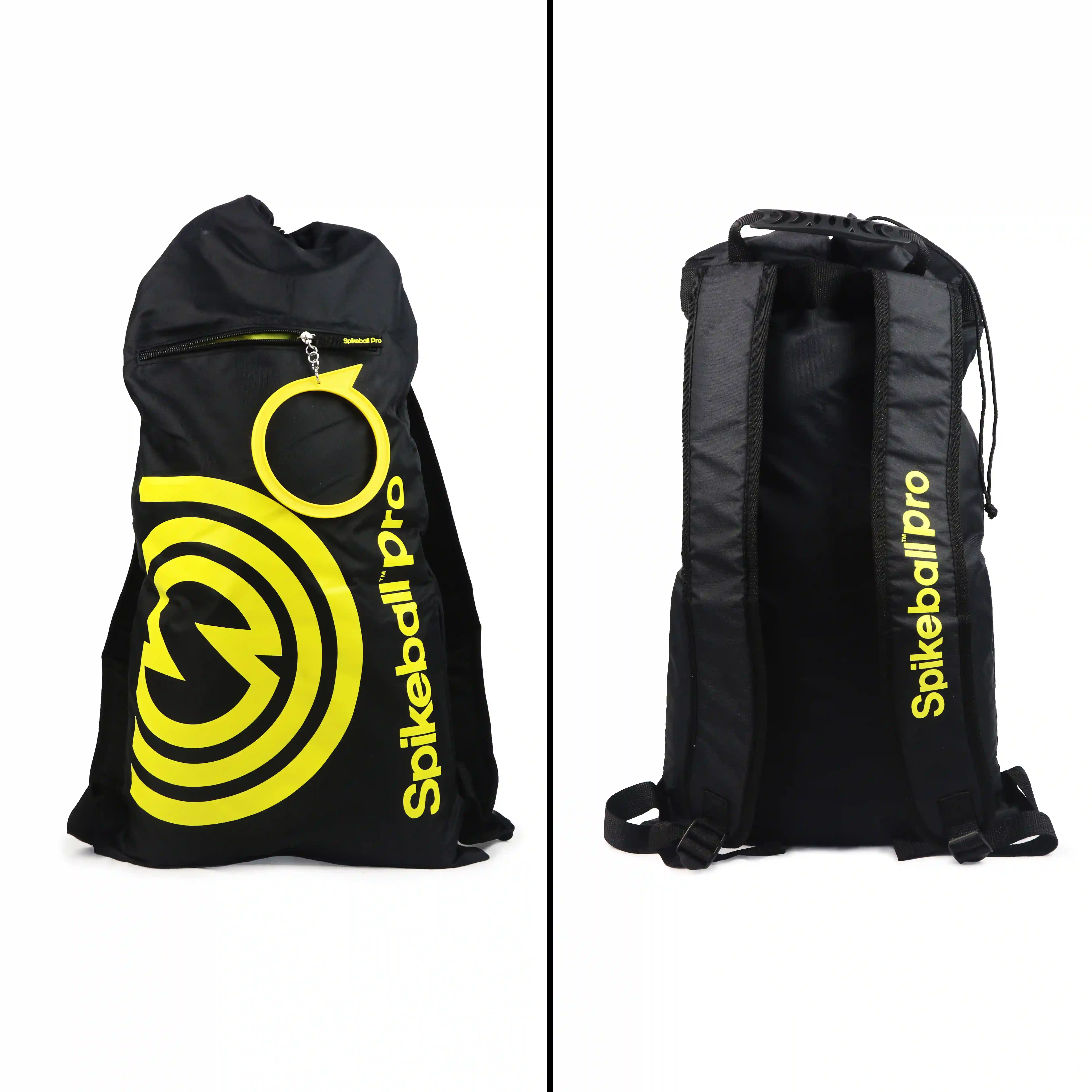 Spikeball‑Pro‑Rucksack in Schwarz mit gelbem Logo und Schriftzug, Vorder‑ und Rückansicht
