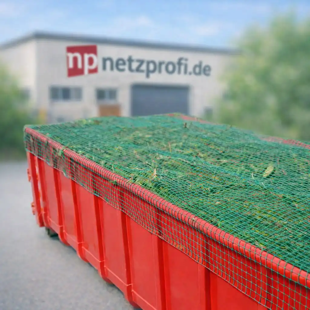 Großer roter Container mit Gartenabfällen wie Rasenschnitt, abgedeckt durch ein grünes geknotetes Netz aus Polyethylen.  Das Netz schützt vor dem Herausfallen organischer Materialien beim Transport. Ideal für Gartenbau, Entsorgung oder Recycling