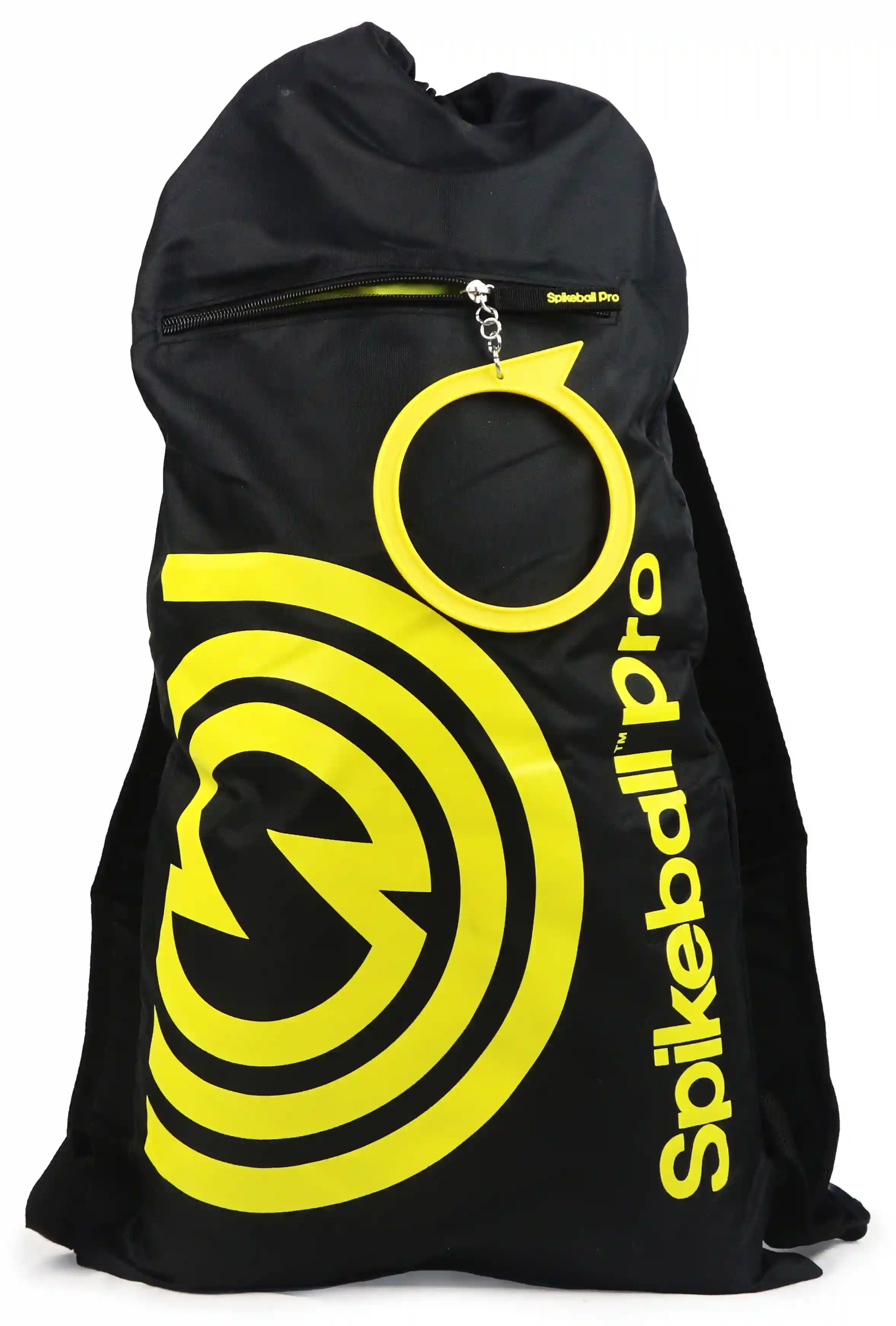 Schwarzer Spikeball Pro Rucksack mit gelbem Logo und Reißverschluss – Tasche für Outdoor‑Spiel