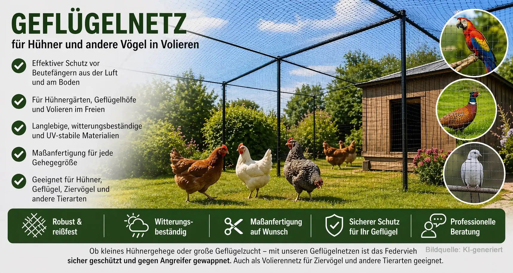 Geflügelnetz für Hühnergehege und Volieren im Außenbereich – schützt Geflügel vor Raubtieren aus Luft und Boden
