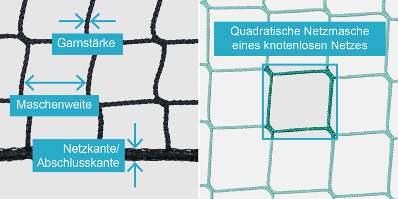 Geknotetes Netz mit Randverstärkung und knotenloses Gewirk im Vergleich